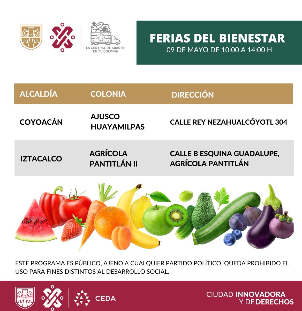 🍎🍌🍉🍇 Te compartimos las ubicaciones de las #FeriasDelBienestar hoy, jueves 09 de mayo.