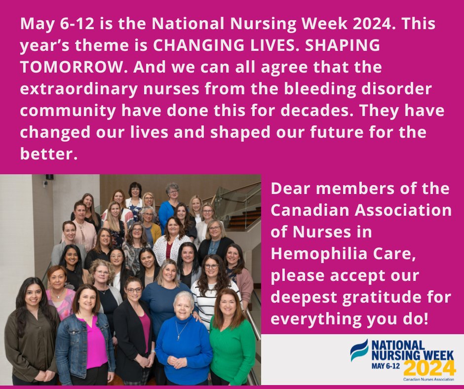 Thank you to the members of the Canadian Association of Nurses in Hemophilia Care (CANHC) who work relentlessly to ensure a high standard of nursing practice, education and research into the care and treatment of their patients.
#nationalnursingweek2024
#canhc