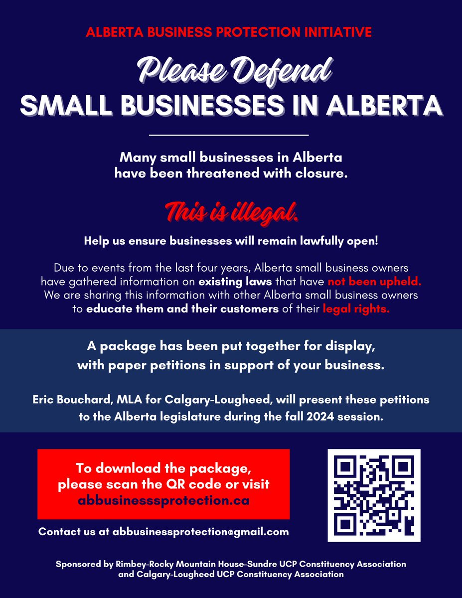 I'm so proud to be on a CA with the people who created this initiative!

-------

Alberta Business Protection Initiative
Press Release

The Alberta Business Protection Initiative is a result of a group of small business owners in the Rimbey-Rocky Mountain House-Sundre