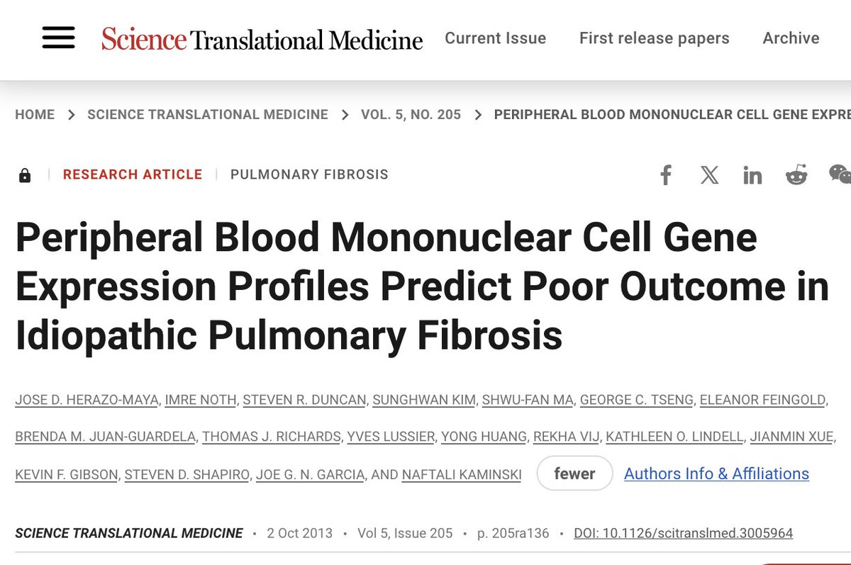 7/n Jose @Heraza_maya in my lab, described in 2 seminal papers validated 52 gene signature associated with outcomes in IPF science.org/doi/10.1126/sc… thelancet.com/journals/lanre… NOW we can tell the cellular origin of these genes. Read doi.org/10.1164/rccm.2… #IPFImmuneCellAtlas