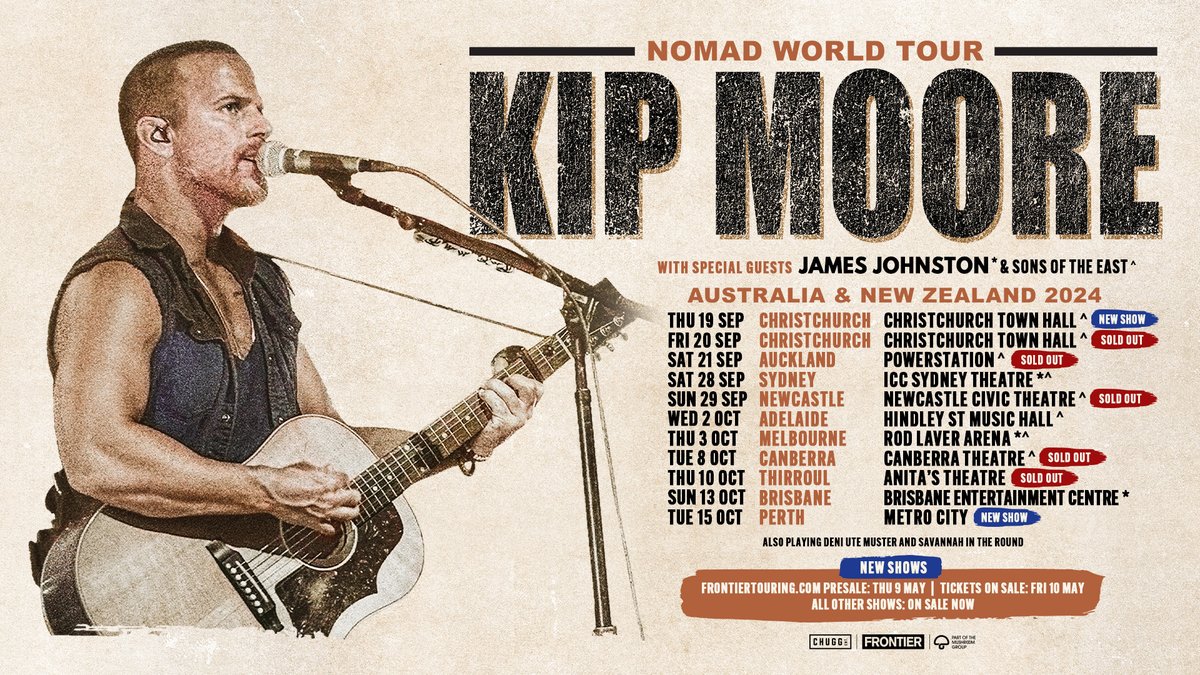 PRESALE ON TODAY 🔥 Our Frontier Member presale for @KipMooreMusic's new Perth & second Christchurch shows is live today from 12 noon local time!

🎫 frontiertouring.com/kipmoore
Not a Member? Sign up for early ticket access 👉 frontiertouring.com/signup