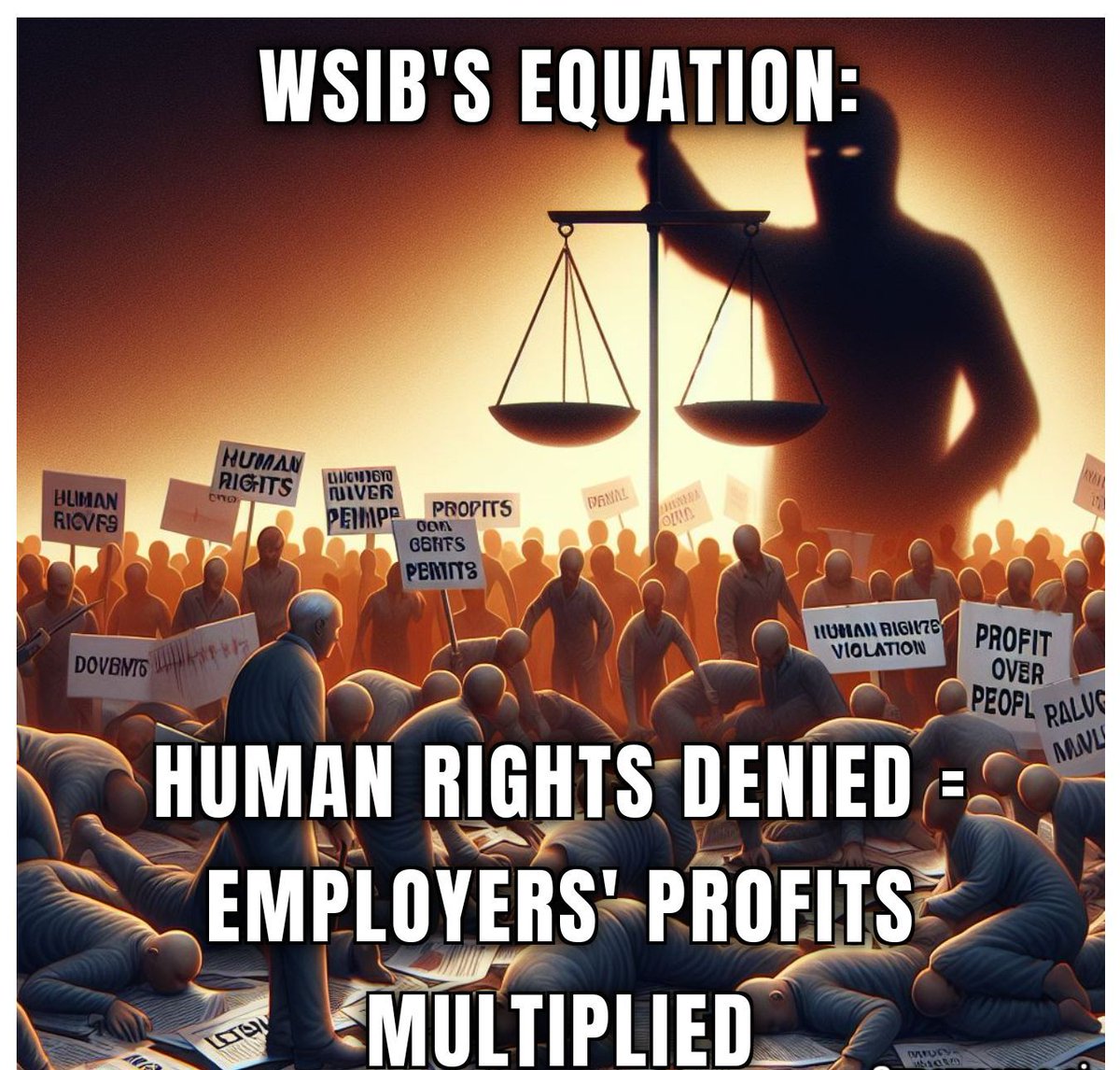 WSIB's equation: human rights denied = employers' profits multiplied.
 Let's rewrite this equation to prioritize people over profits! #InjuredWorkers #HumanRights #FairTreatment