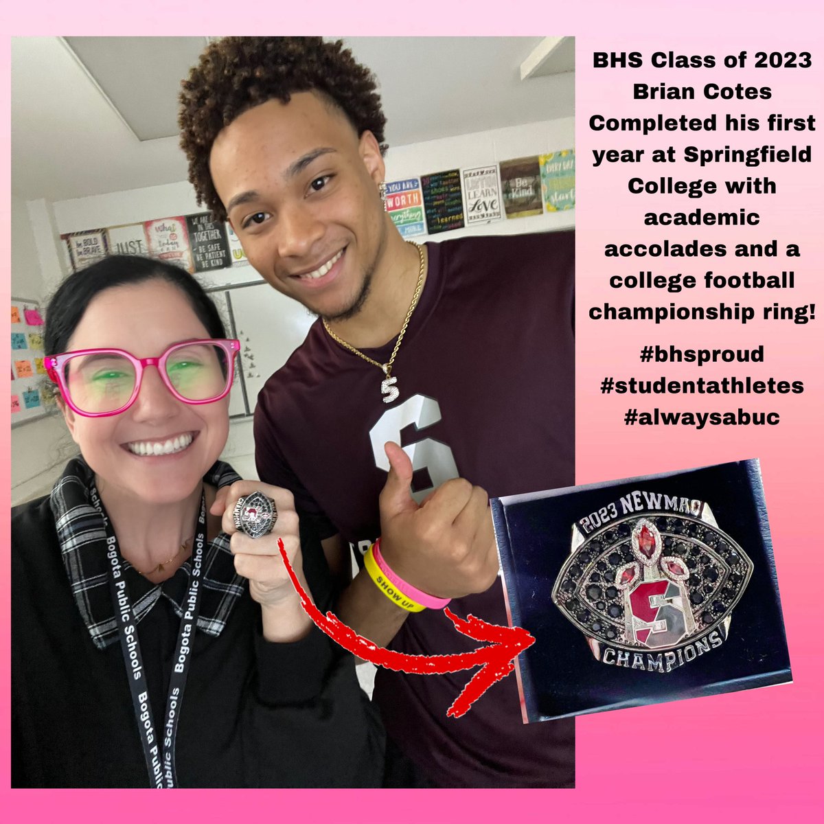 So grateful for today's visit from BHS Class of 2023 alum Brian Cotes! Brian just completed his first year at Springfield College with academic accolades and a football championship ring. 🙌🏻 Keep living the dream, Brian! We are so proud of you. ❤️📘🏈 @BogotaPublic  @CotesBrian