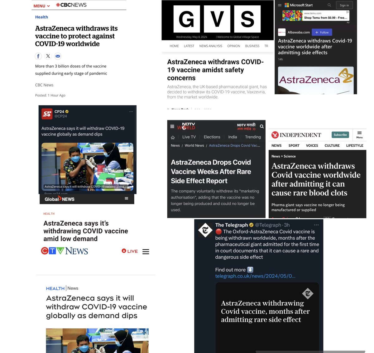 On the left, headlines from our Canadian media reporting on AstraZeneca being withdrawn from the market. In the right, others from around the world. Notice a difference? Our media is garbage.