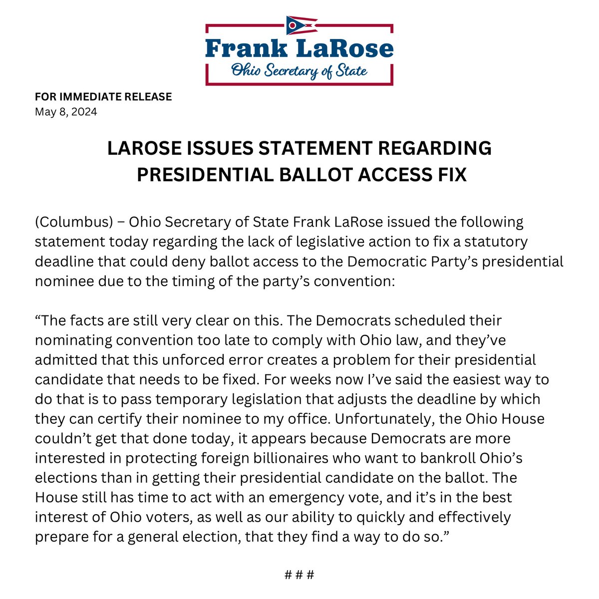 My statement on today’s unfortunate lack of legislative action.