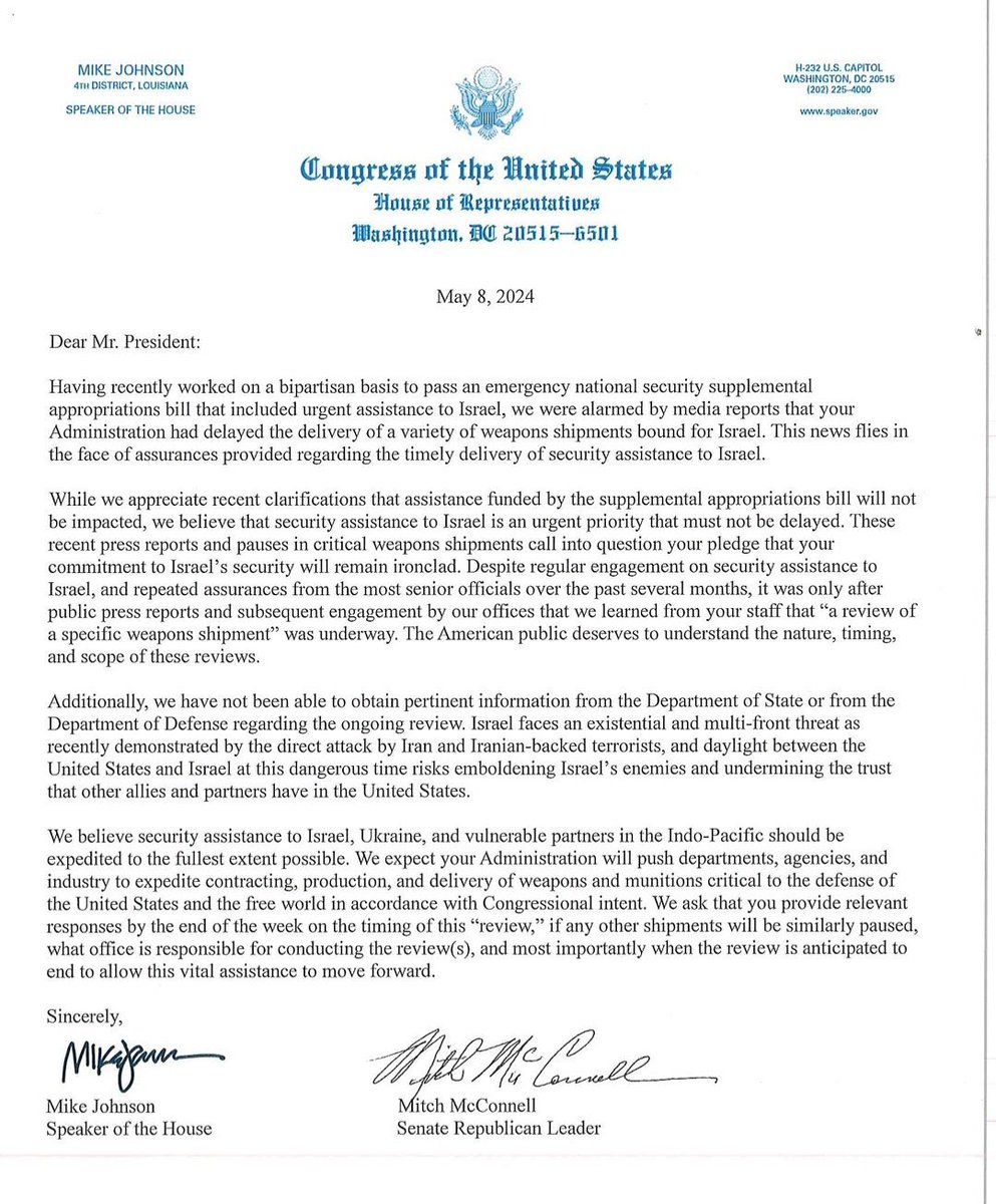 YOUR REACTION: Speaker Johnson, Senate Minority Leader McConnell Send Letter Urging President Biden for Clarification on Pause in Israel Weapons Shipment.