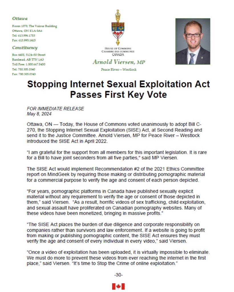 THIS IS PROGRESS! A critical law demanding mandatory age and consent verification for every individual featured in every user-generated online p*rn video just received a UNANIMOUS vote in Canadian Parliament and is now headed to the Justice Committee.