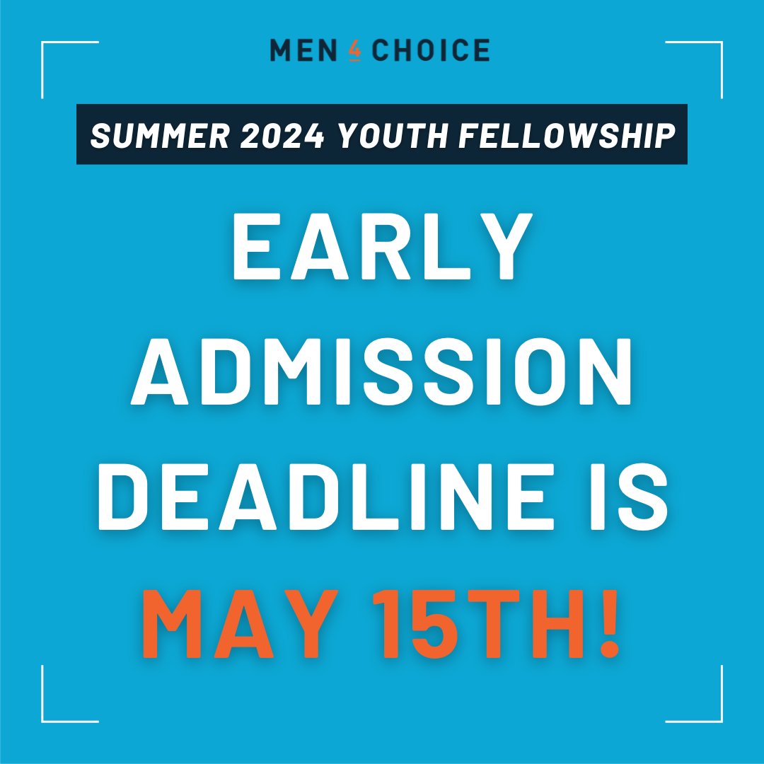 Wednesday, May 15, is the last day for early admission to the Summer 2024 Men4Choice Youth Fellowship. All those who are admitted early will get to participate in an intimate conversation with @mintimm, renowned abortion rights advocate and President of @reproforall (formerly…