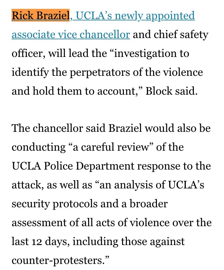 So to get this right, the guy who led the Uvalde Police investigation, which led to zero cops ever been held accountable, is now leading the UCLA investigation on the Zionist mob attack?

Pretty clear why @UCLAchancellor hired Rick Braziel.