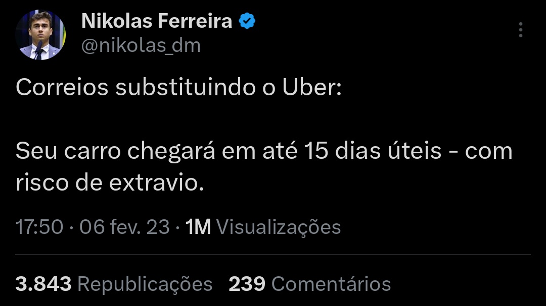 Nada como um dia após o outro, né? Detalhe: essa ideia do Nikolas de pedir aos Correios para viabilizar transporte gratuito para o Rio Grande do Sul, já havia sido instituída dois dias antes pelo governo.