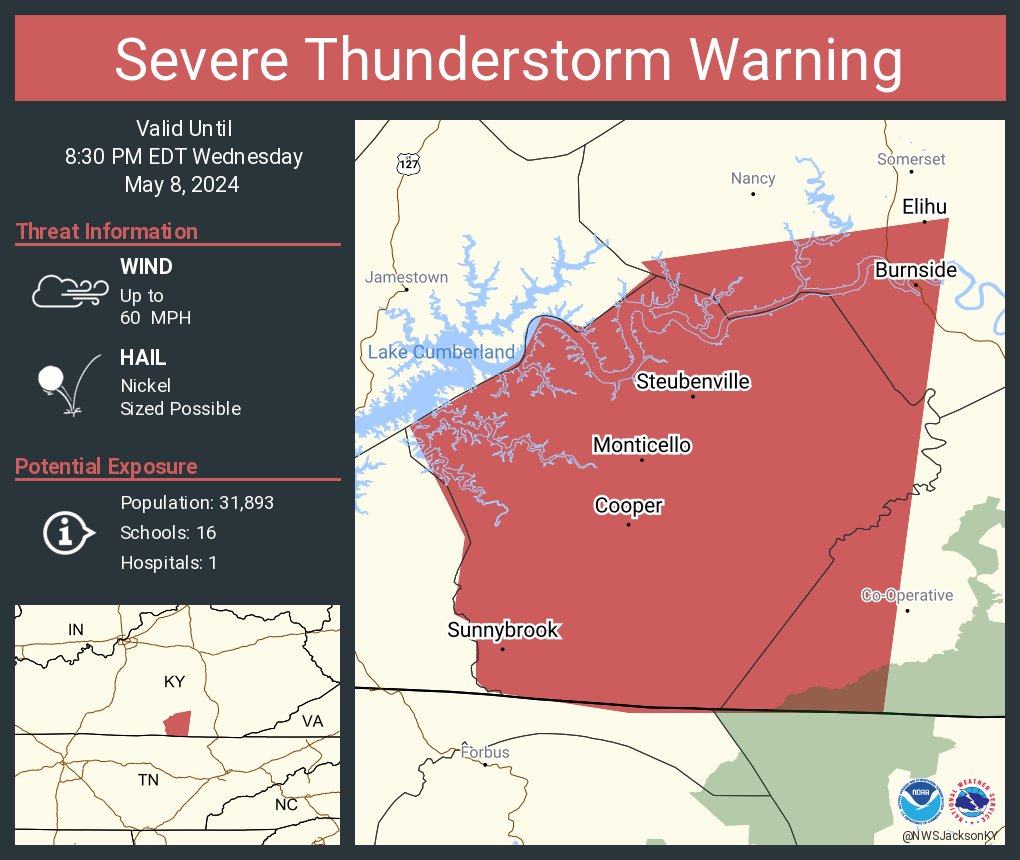 Severe Thunderstorm Warning including Monticello KY, Burnside KY and Elihu KY until 8:30 PM EDT