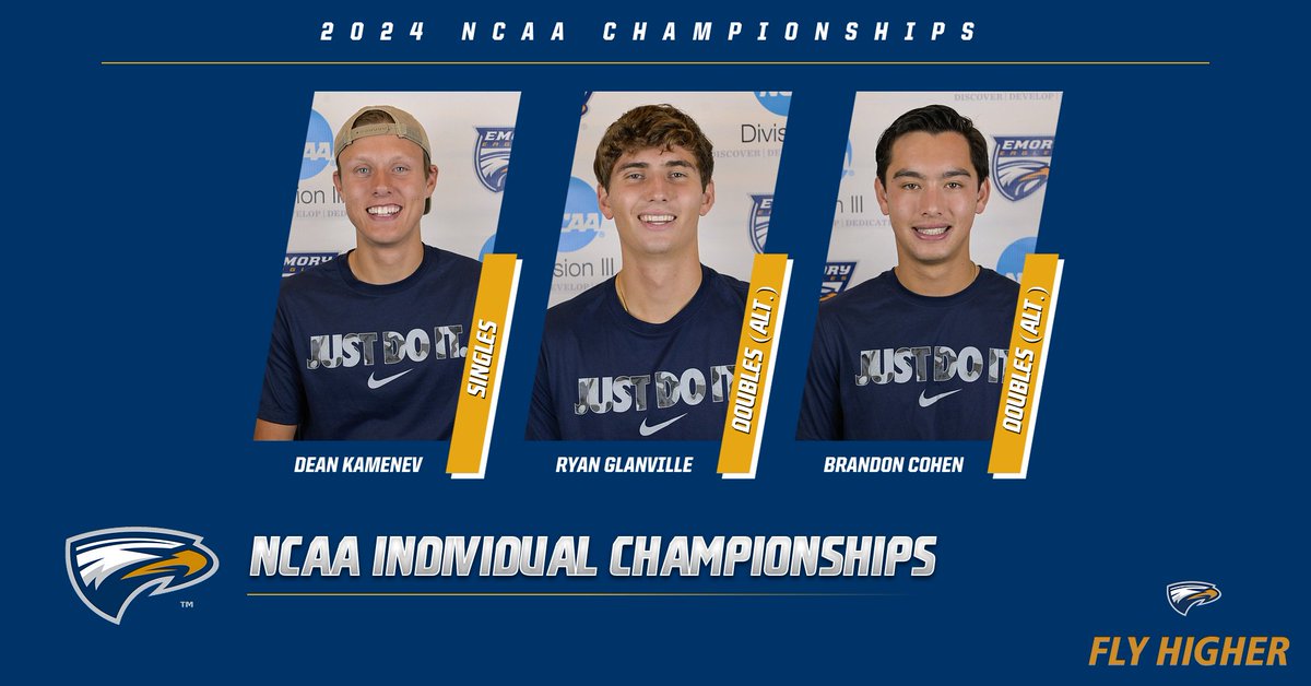 𝐇𝐞𝐚𝐝𝐞𝐝 𝐭𝐨 𝐭𝐡𝐞 𝐓𝐨𝐮𝐫𝐧𝐚𝐦𝐞𝐧𝐭 👏 Congratulations to the three Eagles who will represent men’s tennis at the NCAA Individual Championships! Kamenev will compete in singles while Glanville and Cohen were selected as alternatives for doubles. #FlyHigher