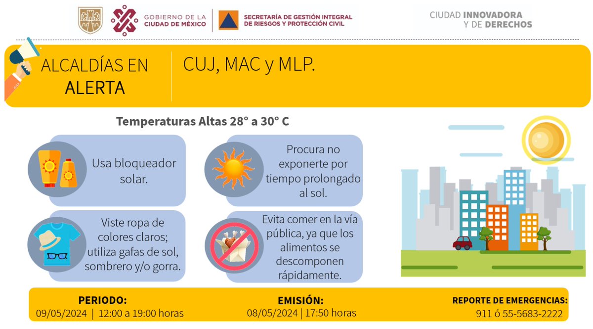 Se activa Alerta Amarilla por pronóstico de temperaturas altas para la tarde del jueves 09/05/2024 en las demarcaciones de @AlcCuajimalpa, @ALaMagdalenaC y @GobMilpaAlta. #LaPrevenciónEsNuestraFuerza