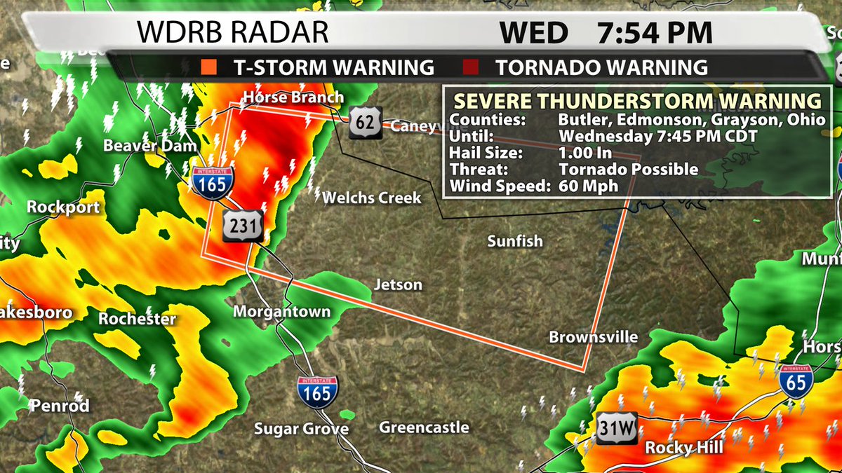 A Severe Thunderstorm Warning has been issued for Butler, Edmonson, Grayson, Ohio Co. until 5/08 7:45PM CDT. Tune to WDRB or go to our interactive radar at wdrb.com/weather.