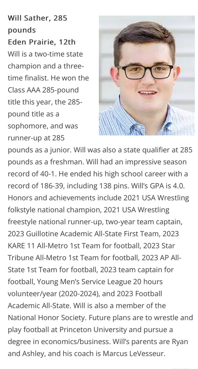 Congratulations to <a href="/WillRyanSather/">Will Sather</a> for being named to the <a href="/mnguillotine/">The Guillotine</a> 2024 Academic All-State Wrestling First Team, for the second time‼️

theguillotine.com/2024/05/the-gu…

<a href="/EPActivities/">Eden Prairie Eagles</a> <a href="/EPLocalNews/">Eden Prairie Local News (EPLN)</a> 

#eaglenation