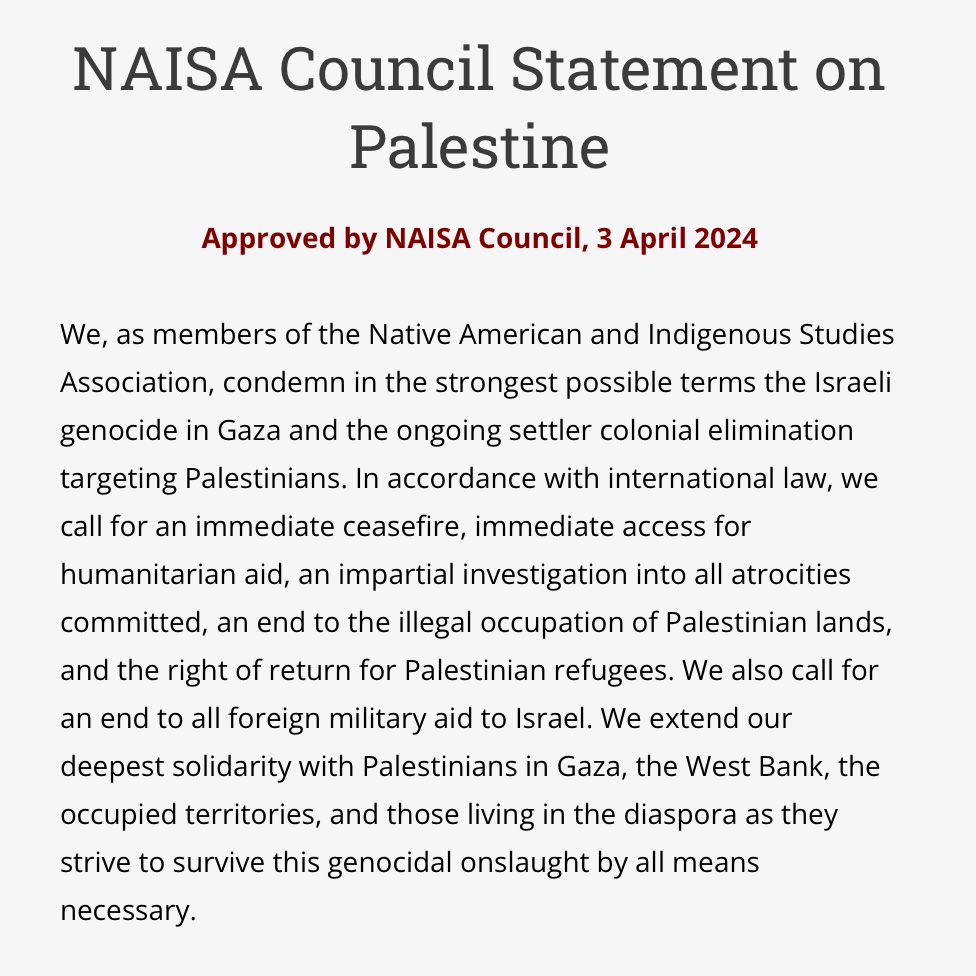 The @NAISA__ Council's statement on the Palestinian genocide. As a council member, it took too long to issue this, but I'm proud of my colleagues who helped get this out and those with an unqualified commitment to a free Palestine. Read the full text here: naisa.org/about/council-…