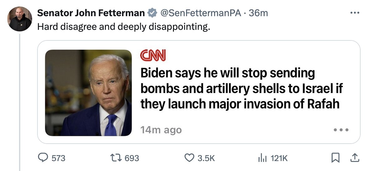 Giving Israel every single thing it wanted for 7 months bought Biden exactly zero goodwill from Israel supporters, and meanwhile the left will never forgive him. Terrific work.
