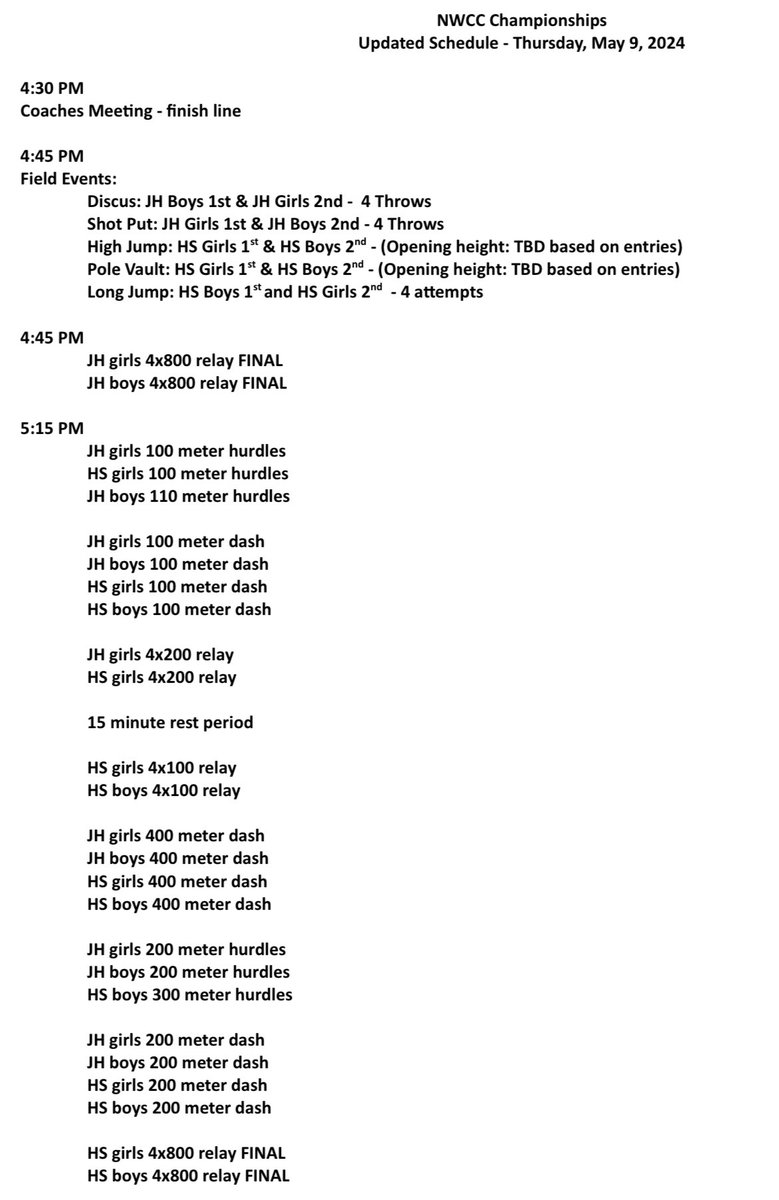 Updated time changes to the NWCC Track Prelims for tomorrow.