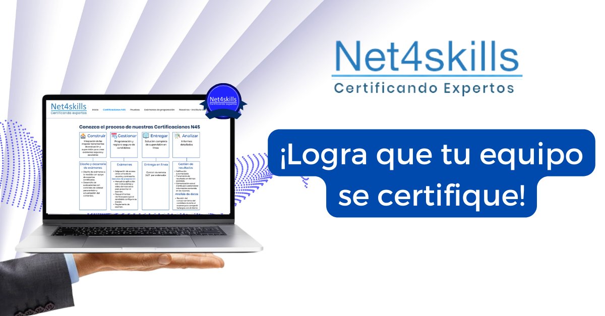 ¡Conoce las certificaciones que #Net4skills tiene para ti!👉 hubs.la/Q02vZ8X90 Te ayudamos a diseñar exámenes enfocados en las necesidades de tus colaboradores con monitoreo remoto las 24 hrs.💻