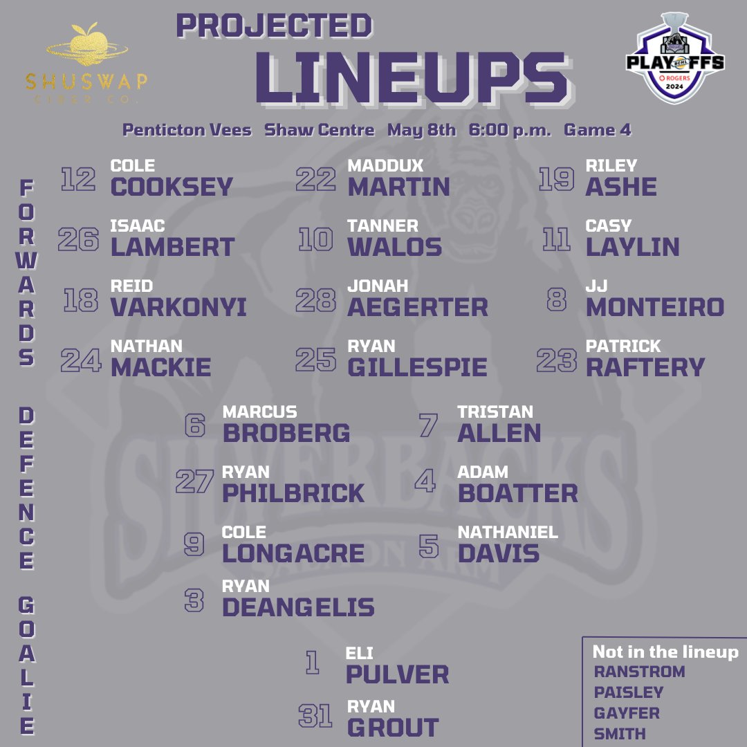 Here is the Shuswap Cider Co. lineup for Game 4 against the Penticton Vees!