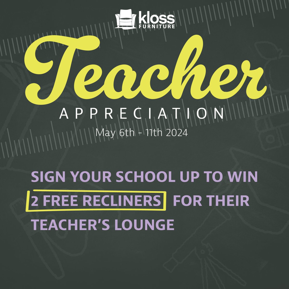Sign your school up to win 2 FREE recliners for their Teacher's Lounge by coming into any of our 4 stores and scanning our QR code.

*restrictions apply. See store for details.

#klosstohome #localbusiness #teachersappreciation