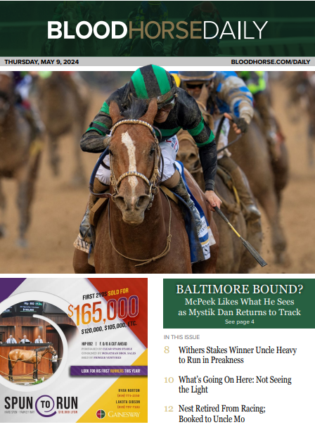 In Thursday's #BHDaily:                  
Mystik Dan Back to His 'Old Self' in Return to Track;
Withers Winner Uncle Heavy to Run in Preakness;
Nest Retired From Racing, Booked to Uncle Mo;
What's Going on Here: Not Seeing the Light

READ MORE →tinyurl.com/BHDaily