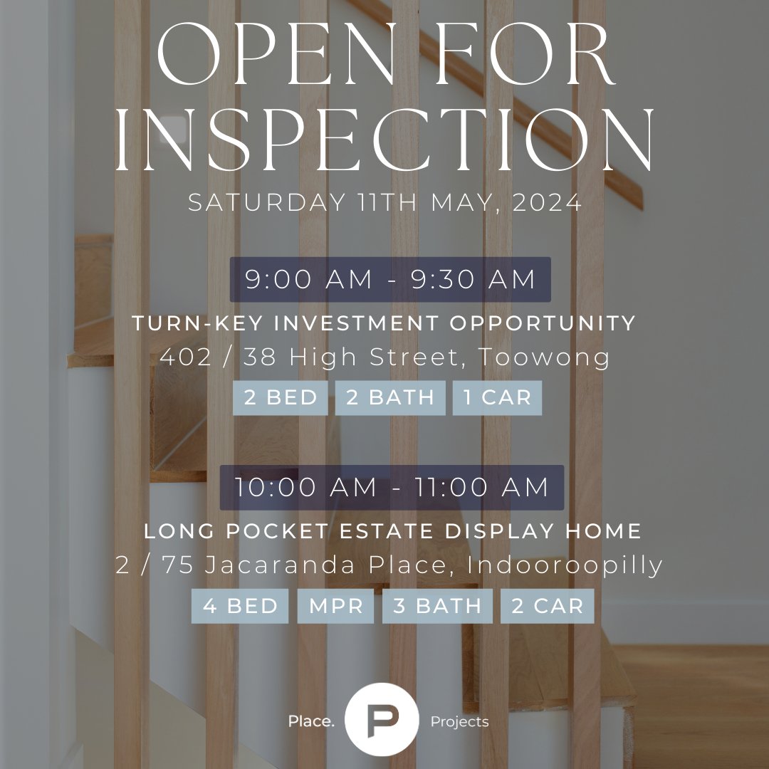PlaceProjects's tweet image. | OPEN FOR INSPECTION
Saturday 11th May

9:00am - 9:30am
402 / 38 High Street, Toowong
🔗 ow.ly/vxyV50Ry8rp

10:00am - 10:30am
2 / 75 Jacaranda Place, Indooroopilly
🔗 ow.ly/ztM450Ry8rr

" Find your happy Place... "