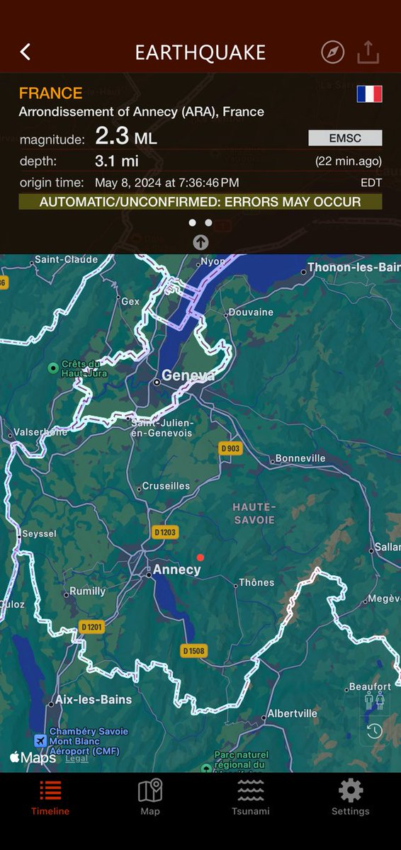 22 min.ago #earthquake 2.3 has hit Arrondissement of Annecy (ARA), France, 3.1mi, 7:36 PM EDT (EMSC AUTOMATIC/UNCONFIRMED: ERRORS MAY OCCUR) earthquake.app/m/?e_id=emsc.2… OK so if this is just an error. I am waiting for an earthquake to pop up and a nuclear testing sit