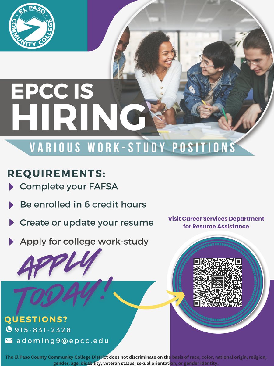 Earn while you learn! Apply today at epcc.edu/Admissions/Fin…. Visit the Career Services Department for resume assistance. For more info call (915) 831-2328 or email adoming9@epcc.edu. @EPCCRecruitment