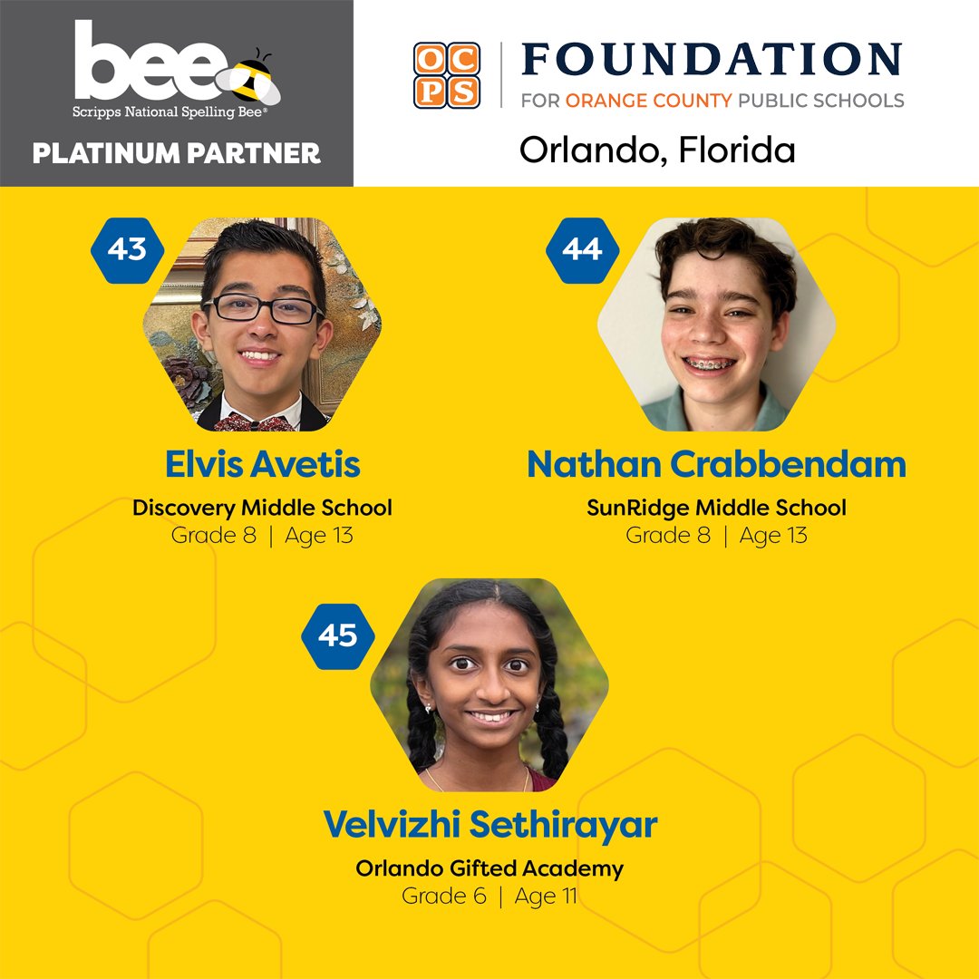 Roll call from Florida! Congratulations Elvis, Nathan and Vel! We'll see you at the Bee! 🐝 Special thanks to our Platinum Regional Partner Orange County Public Schools for supporting these three splendid spellers.
