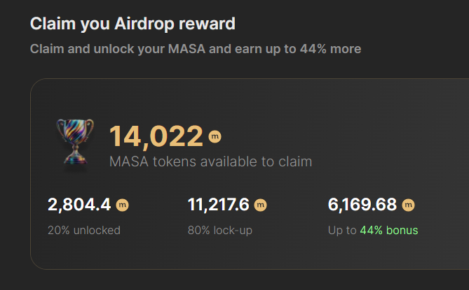 MASA Airdrop Claim is Now Live! 🪂

Claim here: app.masa.finance/airdrop

- MASA current price: $0.16

For now, you can check your MASA token airdrop eligibility and choose your lock-up period &amp; bonus rewards.

Distribution will take place on May 11th on Base chain.