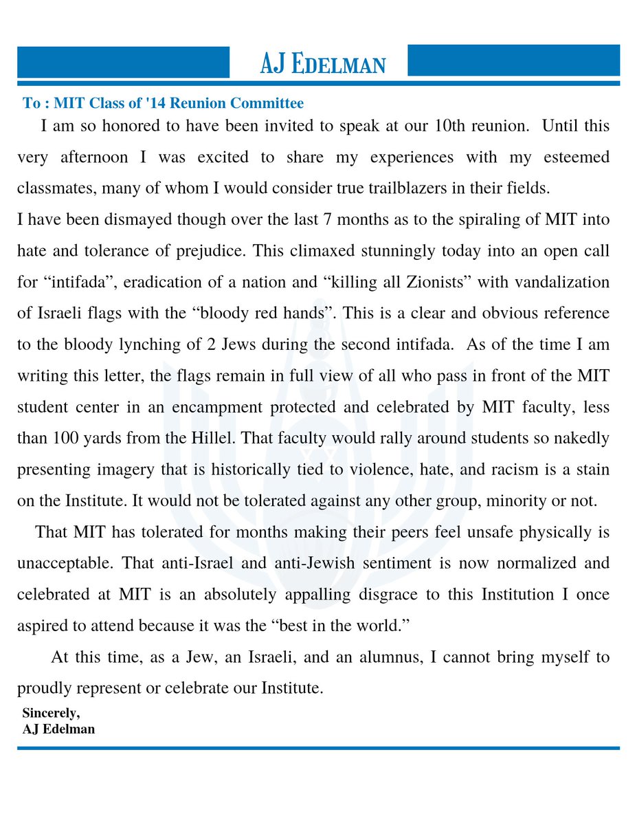 I am truly sad that an Institution that represents excellence has become a hotbed of hate, celebrated by faculty. My letter to MIT pulling out of speaking at my class' 10th reunion: I am so honored to have been invited to speak at our 10th reunion. Until this very…