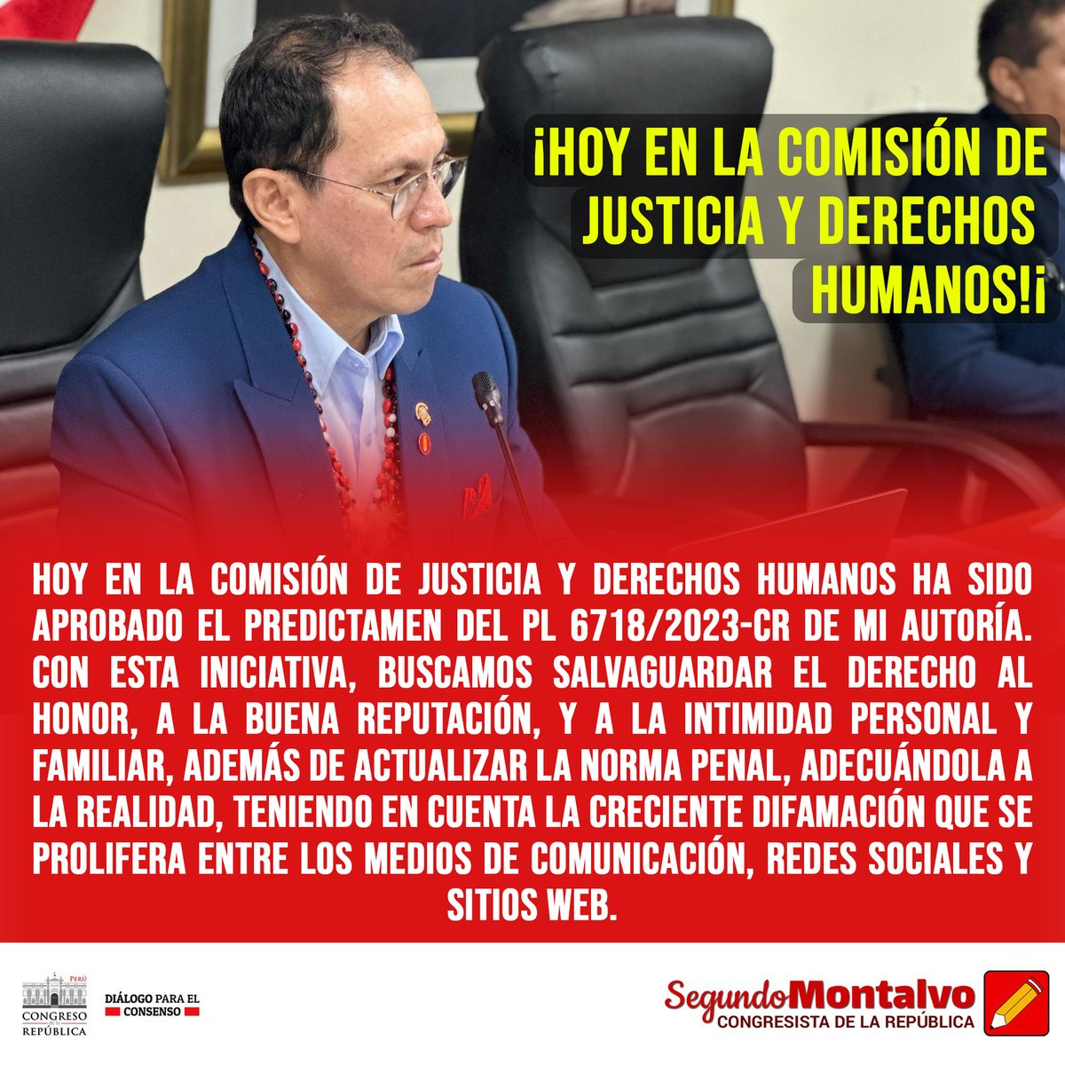 Comprometidos con la integridad moral, el honor, la buena reputación y la intimidad personal para todos los ciudadanos del Perú; hoy se ha aprobado el pre dictamen del Proyecto de ley N°6718/2023-CR. ¡¡Recordemos que esta Ley no ha sido modificada, aproximadamente, hace dos…