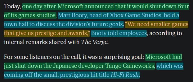 Nah no way. There's no way head of Xbox Matt Booty told employees 'We need smaller games that give us prestige and awards' just 1 day after Microsoft shut down the studio behind Hi-Fi Rush, you know, that one smaller game that gave them prestige and awards.