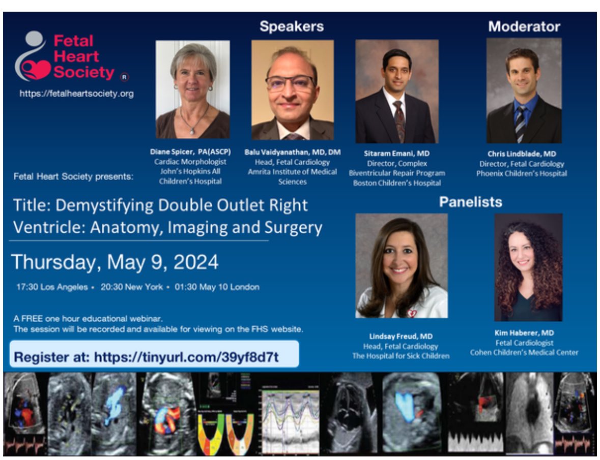 You're invited!
FREE FHS Monthly Webinar 
Please join the Fetal Heart Society for our next free, educational webinar
🫀Demystifying Double Outlet Right Ventricle: Anatomy, Imaging and Surgery🫀
📆 Thurs, May 9, 2024
⏰ 8:30P ET
Register here: us06web.zoom.us/webinar/regist…