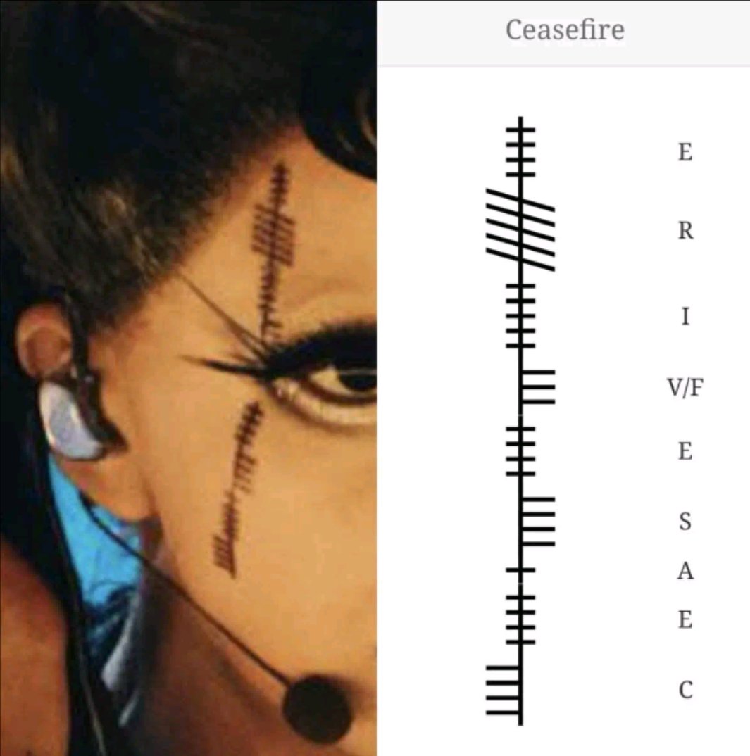 Boycotting Eurovision for very obvious reasons but I saw someone point this out and I think it's cool. The singer for Ireland, Bambie Thug, was banned from including pro-Palestine messages on their costumes. But they did anyways, in THE ANCIENT OGHAM IRISH ALPHABET. 🇮🇪