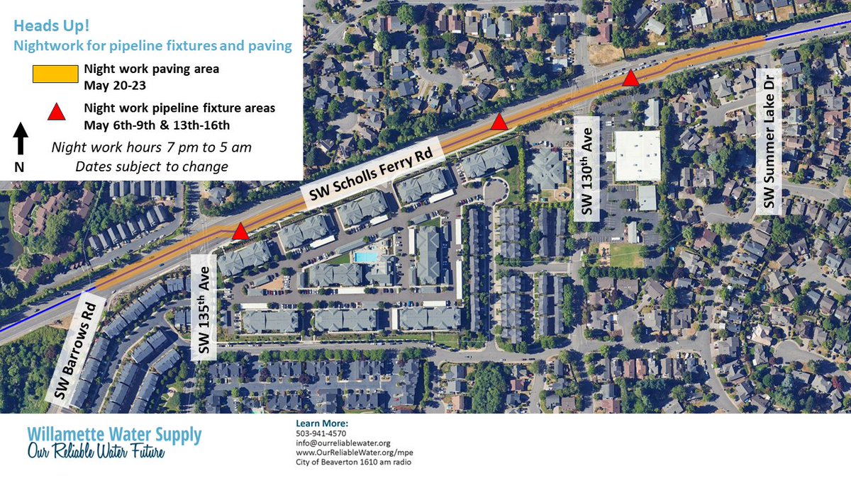 Watch for intermittent night work and lane restrictions during May on Scholls Ferry Road between Summer Lake Dr and 135th Ave for @WillametteWater work. Final paving upcoming! @CityofBeaverton @TigardOR @TVWDNews @washcoroads @TrafficPortland