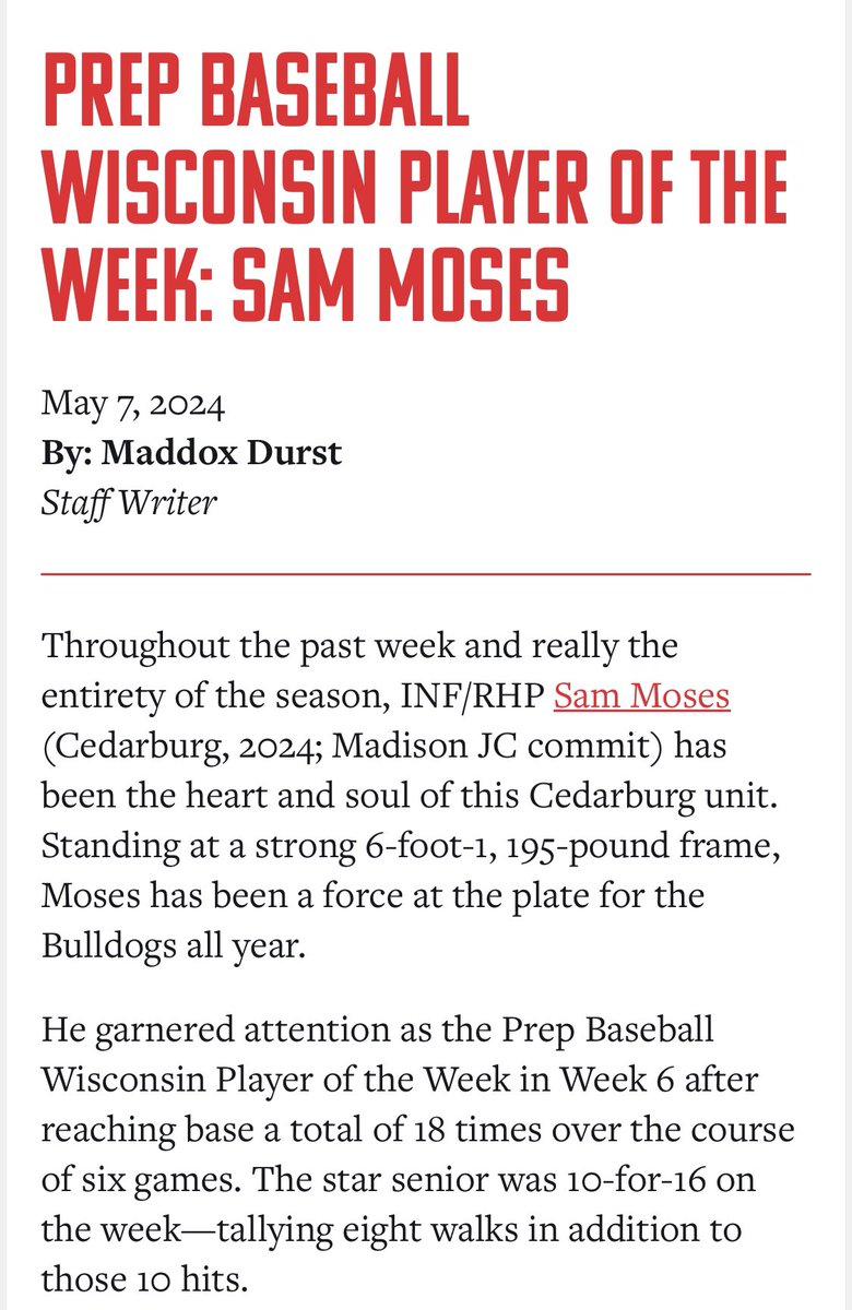 Senior RHP (Madison JC commit) Sam Moses wins Player of the Week for @PrepBaseballWI 🔥 Dude is one of the most consistent and hardest workers we have in the gym. 10-16 (2HR, 2B, 3B, 6RBIs) 11ip, 18ks Insane week for Sam💪