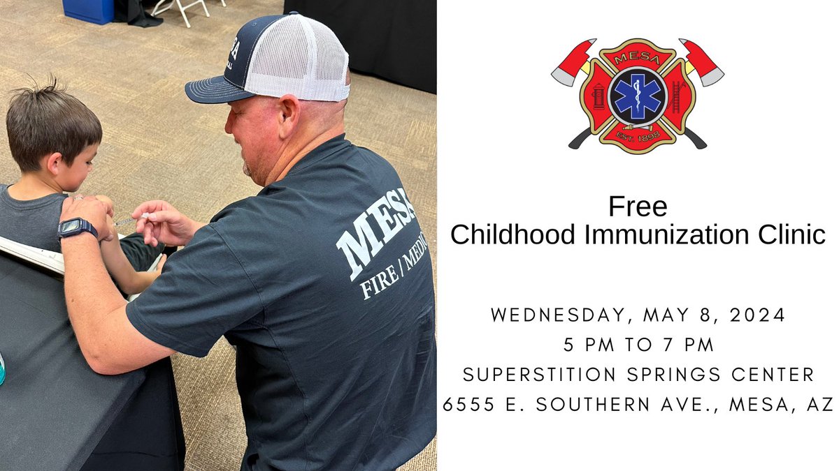 Happening now! Our free monthly childhood (birth-18 yrs) immunization clinic (today), Wed., 5/8/24, Superstition Springs Ctr (6555 E. Southern Ave.), 5-7 PM. Eligibility requirements, what to bring, &amp; which vaccines are available 👉🏽  my.mesaaz.gov/3xlkrvK No appts. necessary.