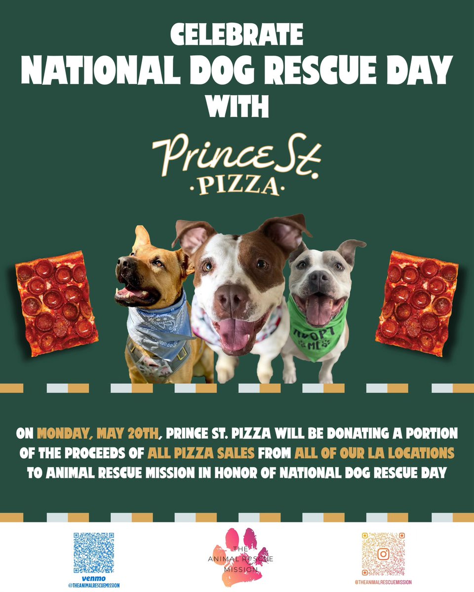 NEXT Saturday May 18 clock 11am-2pm 🐶 Please come by and join me in supporting The Animal Rescue Mission at @PrinceSt_Pizza  in Venice 🔆

If you can’t attend and would like to donate or see these adorable dogs needing homes, click the 🔗link in my bio 

#NationalDogRescueDay