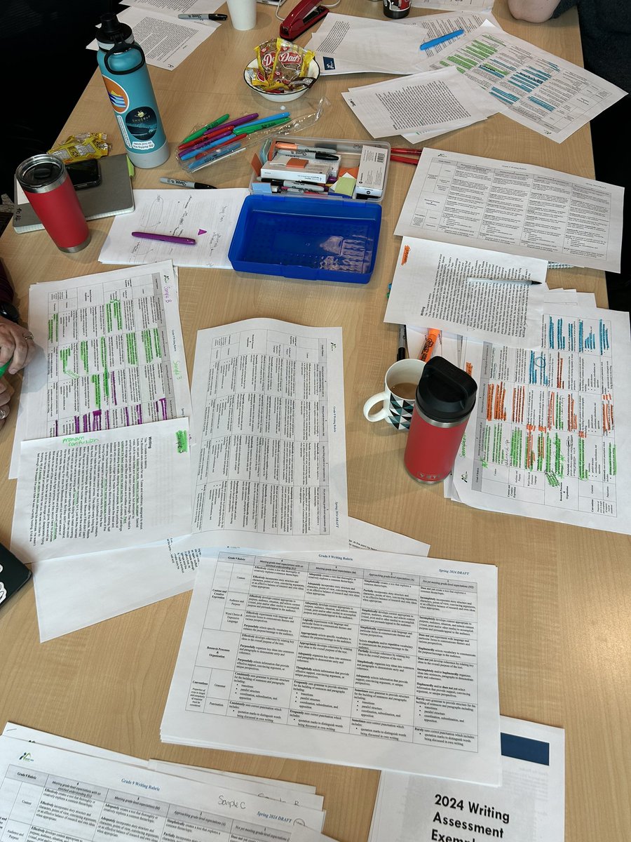 Writing Assessment work continues this year with Gr. 11, 9 &amp; 8 RVS Teachers. Thanks to the teachers who collaborate with us to create &amp; calibrate the rubrics based on Ss writing samples. (Also thankful for highlighters and caffeine!) ☺️ #RVSed <a href="/RobertsJaner/">Jane Roberts</a> <a href="/carbocaro/">Carolane Contant</a>