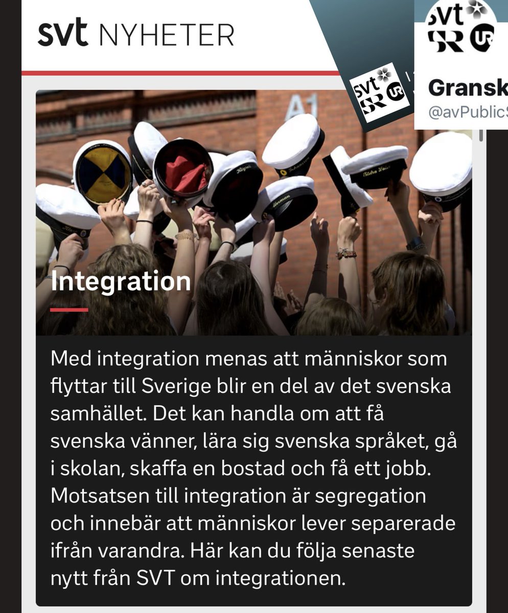 Hur många av studenterna i bilden identifierar sig som svenskar, @SVT? På sin hemsida svt.se definierar @SVT begreppet “integration”. Men inte en gång nämner @SVT begreppet ”integrationspotential” eller vad ”överskriden integrationspotential” är. Det är…