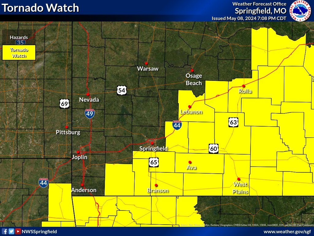 7pm Update: The Tornado Watch has expired for Springfield and locations west. Areas to the east remain in effect until 12am #sgf #mowx