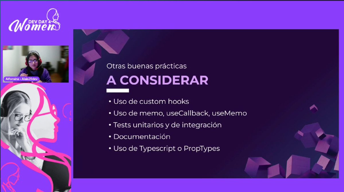 ¿Programas en @reactjs? Aquí algunas de las buenas prácticas que vimos en la charla de Alfonsina Lizardo en #devday4w ¡No te pierdas todo este valioso contenido! devday4w.com