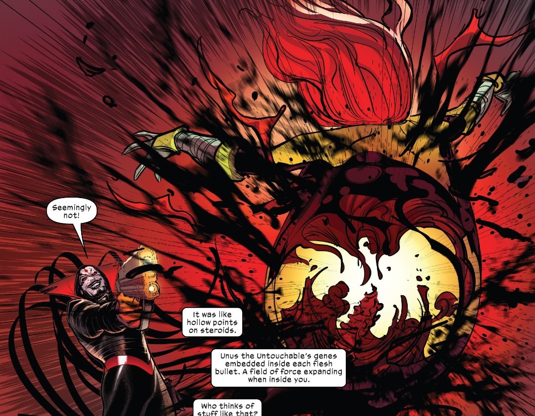 recuperándose de su ataque psíquico.

"Hope, Hope, Hope... ¿No hay mutantes a los que puedas plagiar cerca de aquí? Una pena, una verdadera pena... ¡Para ti, claro! ¡Para mí es como Navidad!"

Sacaría un arma de su bolsillo y dispararía contra la pelirroja, haciéndola estallar.