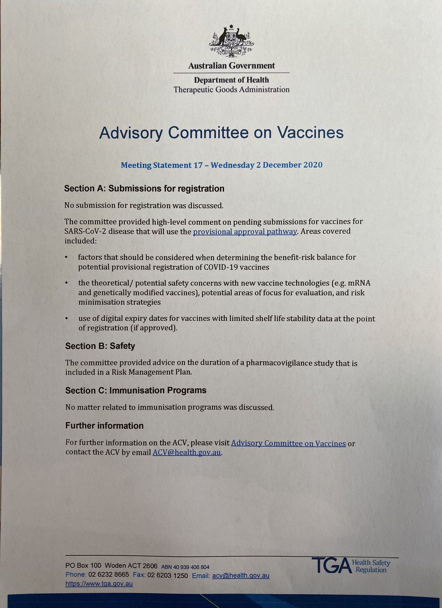 1/ Today’s Covid-19 vaccine 💣 drops. On 2 December 2020 the TGA’s ACV were in discussions about theoretical/potential safety concerns with new vaccine technologies; mRNA and genetically modified vaccines and expiration date data. As for risk minimisation strategies…