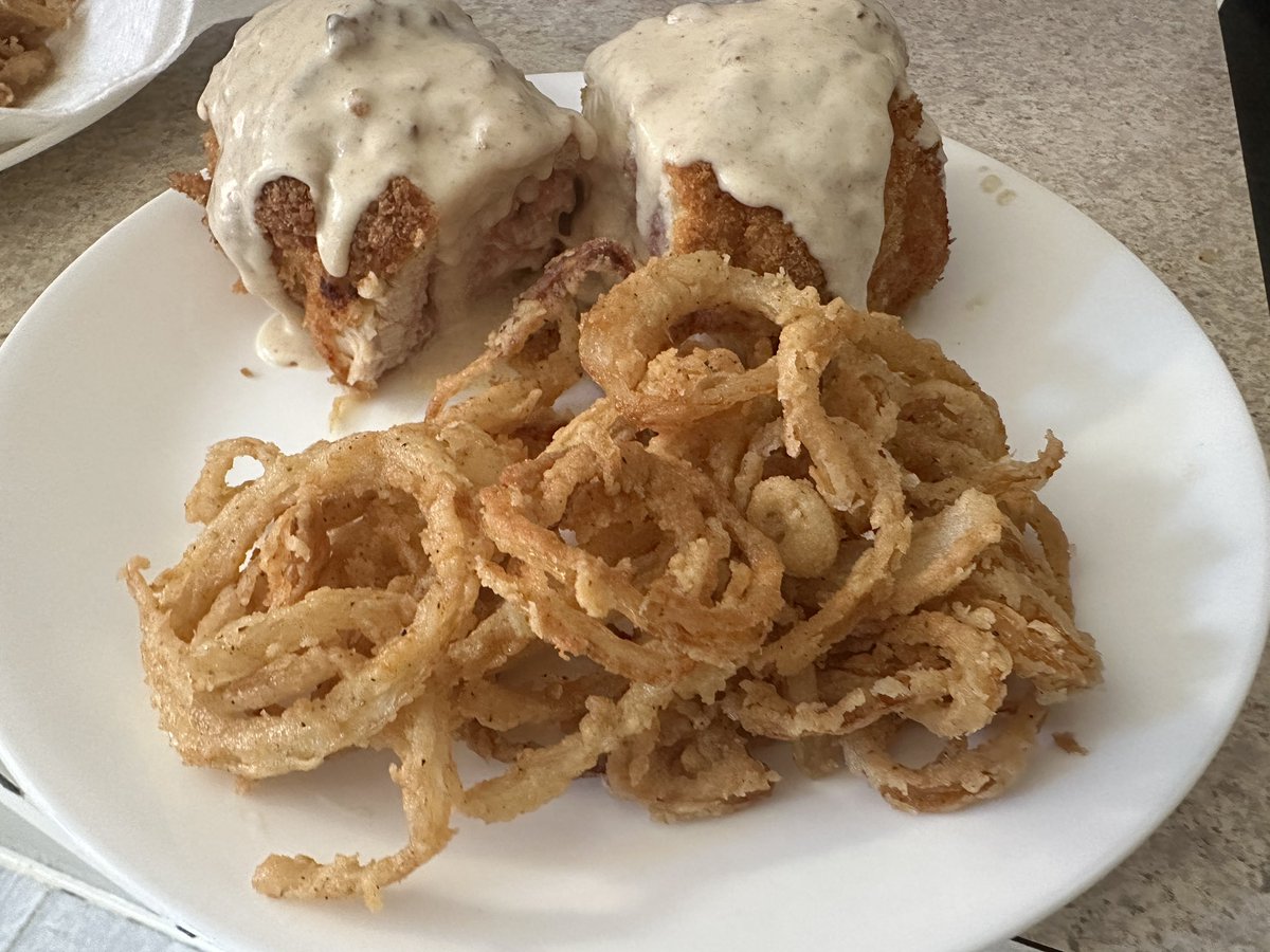 Homemade Chicken Cordon Bleu w/a Parmesan Dijon White Sauce and a side of Homemade Shoestring Onion Rings! 🤤#GetInMyBelly