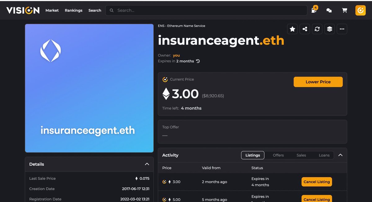 There are almost 1 million insurance agents in the US alone This is low key one of the best .eth names i own InsuranceAgent.eth If it doesn’t sell this month I’ll renew it for 2years and increase the price to 10eth