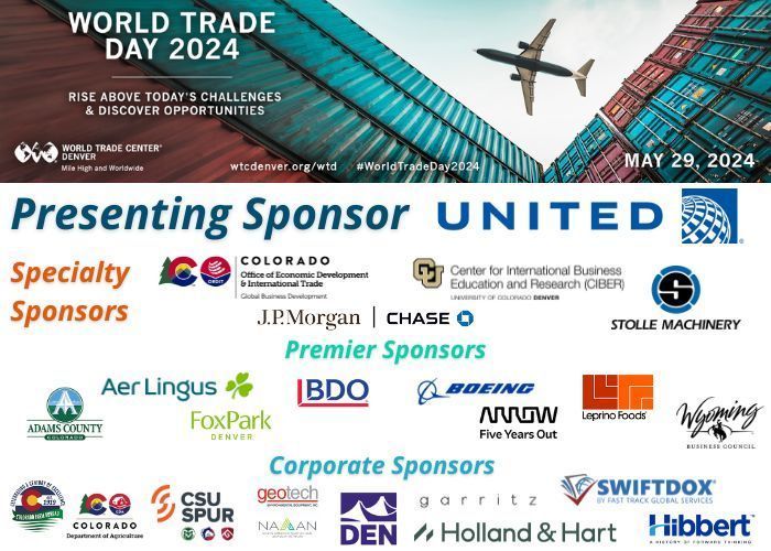 Thank you to our incredible sponsors for being part of #WorldTradeDay2024 🙌🌐 Your support fuels the exchange of ideas, fosters international connections, and drives economic growth.If you wish to be part of our sponsors, contact us! buff.ly/3yaoMXS #wtcevents #colorado