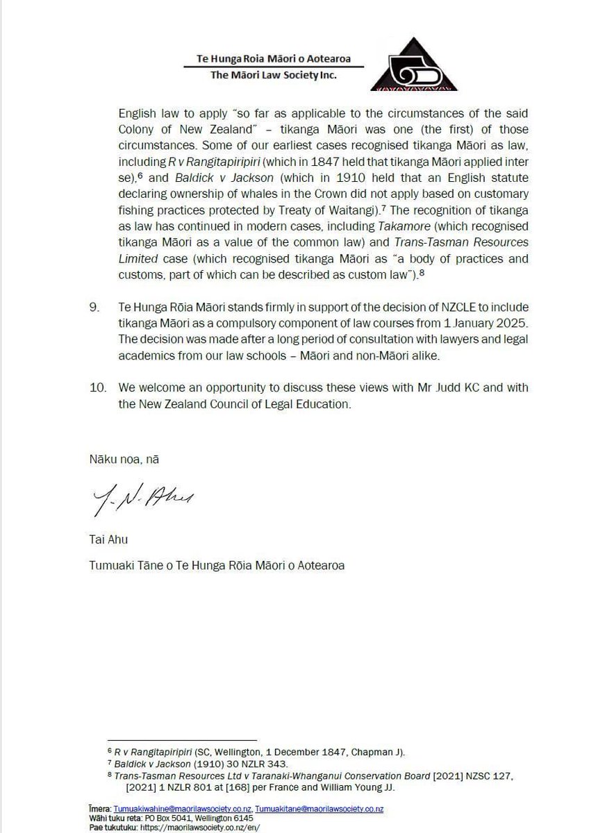 🧵 Te Hunga Roia Māori (the Māori Law Society) has today released an open letter responding to the recent complaint from Gary Judd KC. Images of the open letter attached, but I thought I would copy the text of the letter in full, as it’s worth a read. OG para numbers in brackets.